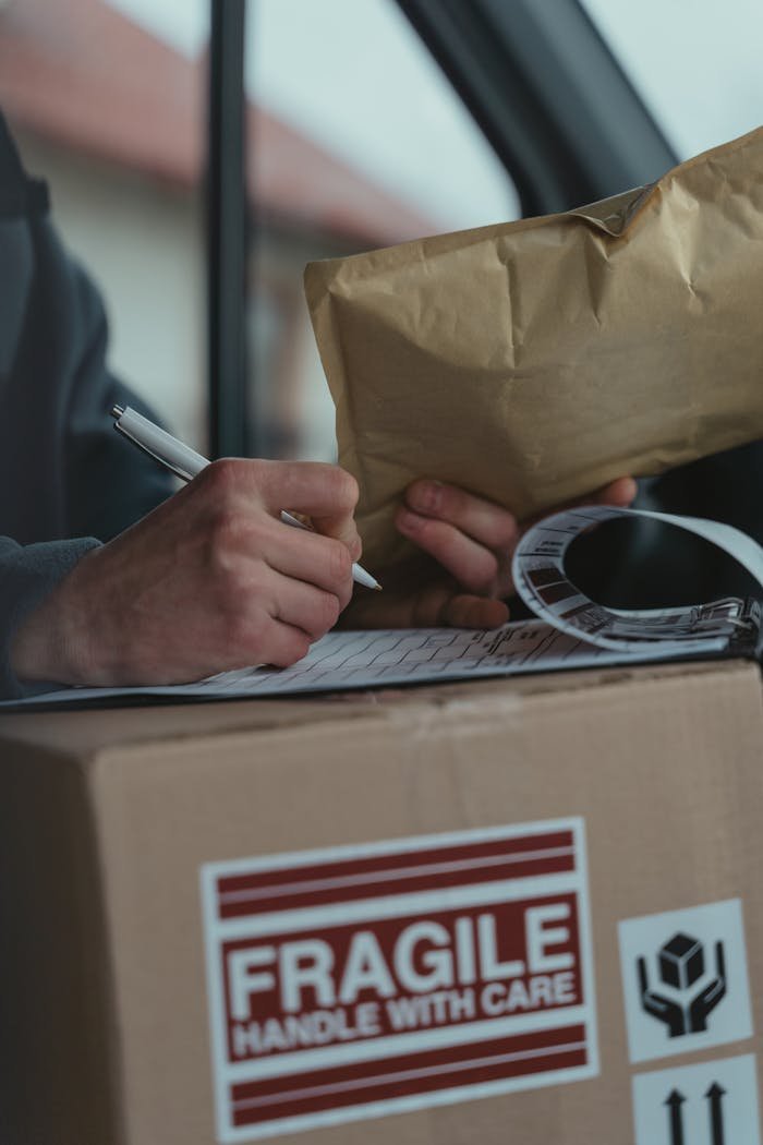 Home Close-up of a courier writing on a clipboard with a fragile package inside a vehicle.