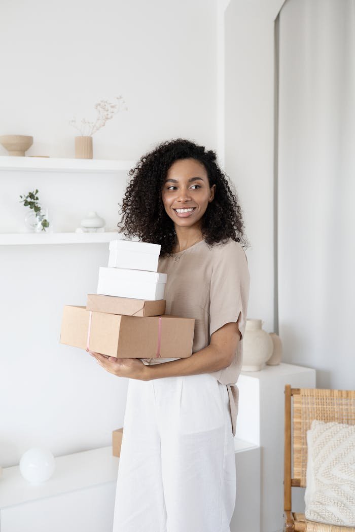 Services Young African American woman smiling while holding cardboard boxes indoors.